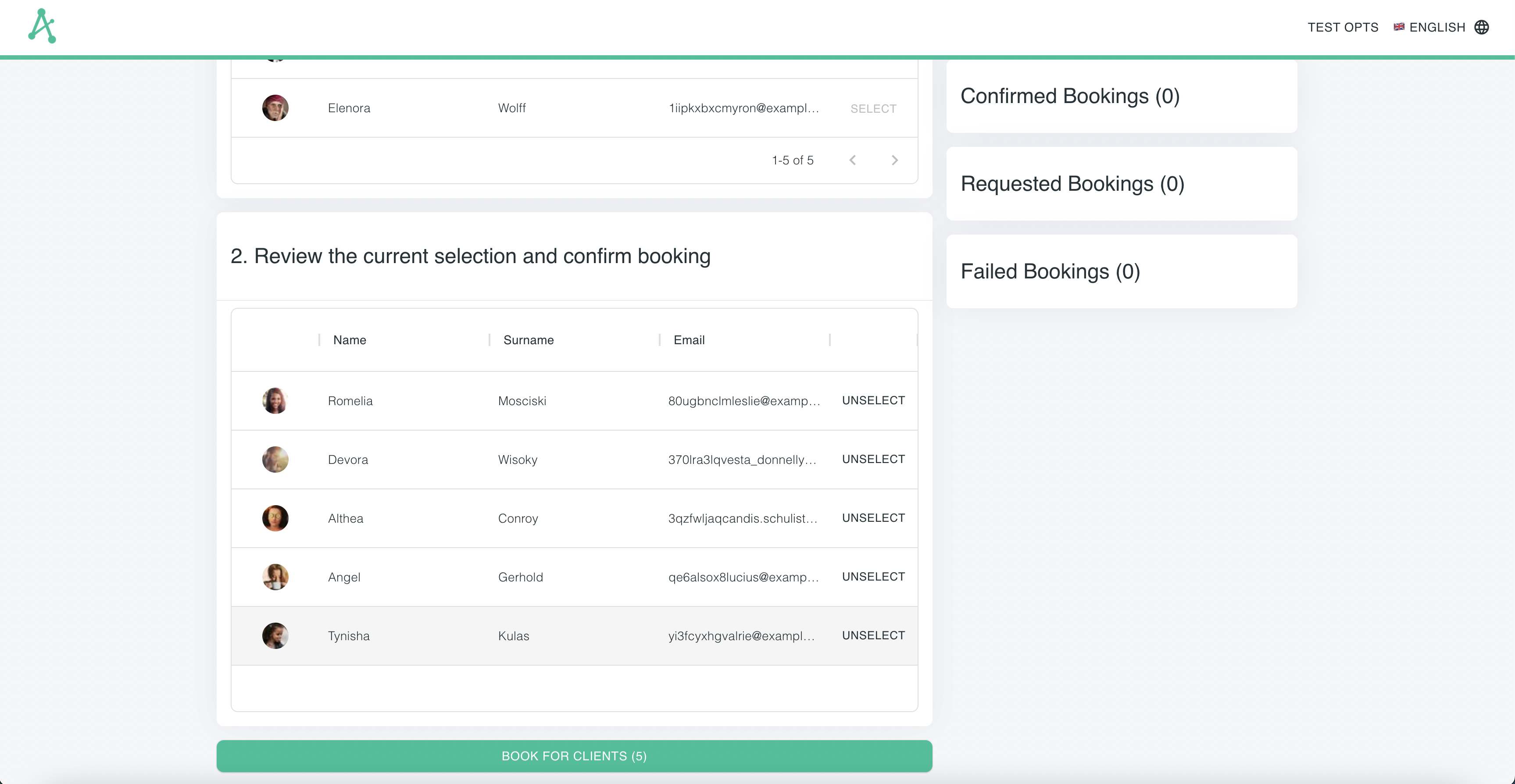 Table with selected users for session booking