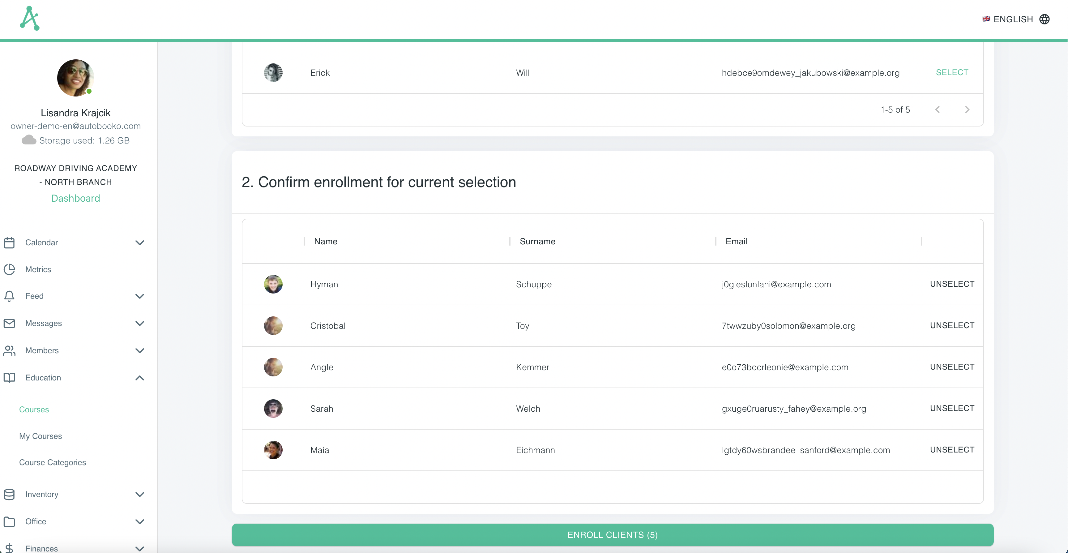 List of clients selected to be assigned to a course